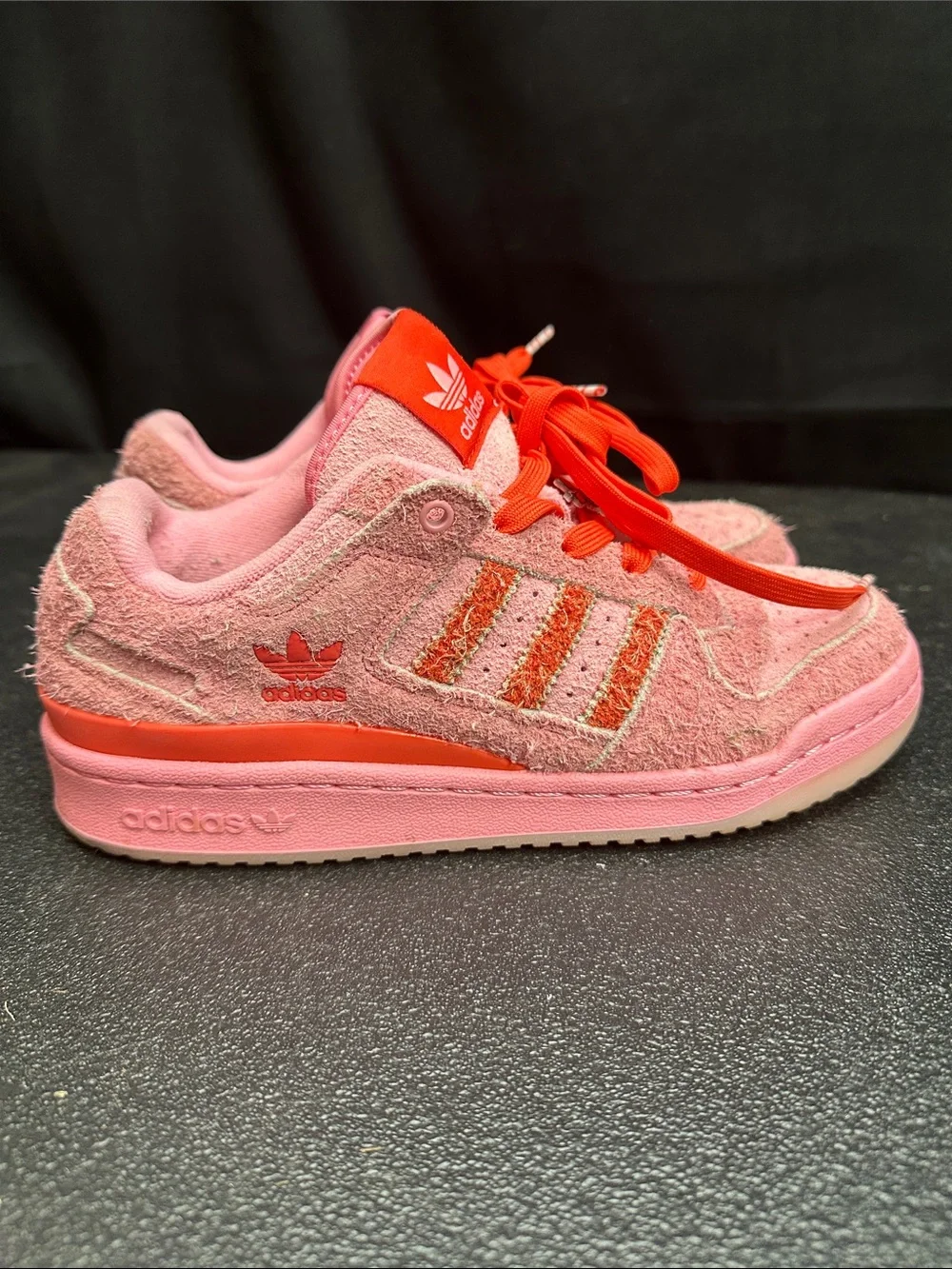 Adidas + Dr. Seuss Kids Pink Suede Sneakers with Red Laces and Character Tongue